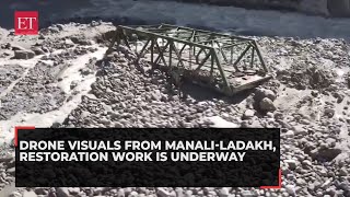 Himachal Pradesh cloudburst Drone visuals from ManaliLadakh restoration work is underway [upl. by Etnovahs]