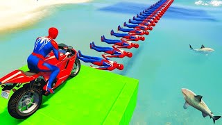 الأبطال الخارقين على القضبان دوامة قمع جس ep5 SPIDERMAN on Motorcycle in Spiral Bridge Stunt Ride [upl. by Hillier]