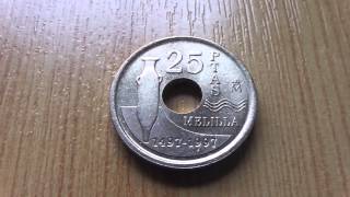 Melilla from 1497 to 1997  Spain 25 PTAS coin in HD [upl. by Nnaytsirk]