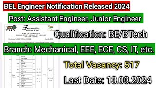 BEL Notification Released 2024  Bharat Electronics Limited Recruitment [upl. by Felt]