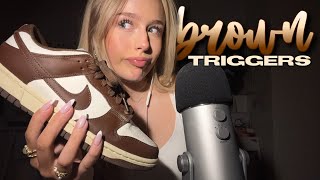 ASMR brown triggers 🪐࿔･ hairbrushing long nails shoe tapping leather [upl. by Deuno]