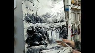 KNIFE PAINTING  WATERFALL IN THE MOUNTAINS SPEED PAINTING by Nelly Lestrade [upl. by Burra]