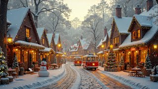 Holiday Jazz Music amp Snowy ❄️ Snowy Night at a Cozy Street Coffee Shop in Festive Winter Town🎄 [upl. by Ennayelsel]