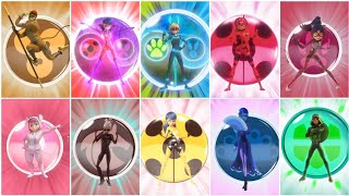 TODAS AS TRANSFORMAÇÕES DE MIRACULOUS  1° 5° TEMPORADA E ESPECIAIS [upl. by Gundry683]