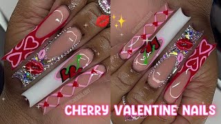 CHERRY VALENTINE NAIL FREESTYLE 💋✨🍒  HOW TO BLING FRENCH 💎 FULL ACRYLIC NAIL TUTORIAL 🤍 [upl. by Naltiac]