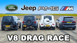 Defender V8 v Jeep 392 v AMG G63 v X7 M50 DRAG RACE [upl. by Elvia]