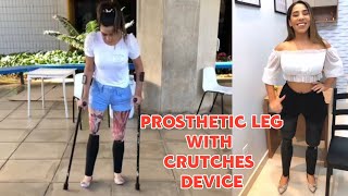 Amputee independence using prosthetic leg with crutches device for walking [upl. by Noillid]