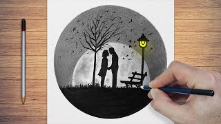 Drawing in Circle  How To Draw a Night Scene Drawing of GIRL and BOY in LOVE ♡ [upl. by Otiragram]