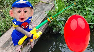 Baby Monkey BIN BIN Go Fishing on the Boat and suddenly meet SHARK  BIN BIN ANIMAL MONKEY [upl. by Yellac]