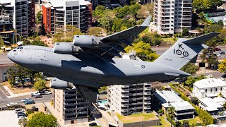 RAAF C17 LOW LEVEL through Brisbane CBD  Riverfire 2021 [upl. by Inhoj]