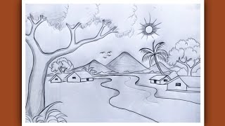 Scenery Drawing tutorialvillage landscape scenery artpincil sketch [upl. by Lydie]