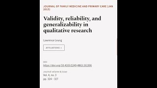 Validity reliability and generalizability in qualitative research  RTCLTV [upl. by Ahsyle]