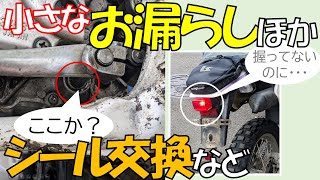 1号機DT200WRの下部に小さなお漏らしを見つけました。オイルのようです。探ってみるとどうやらシフトシャフトから垂れています。シールを交換します。シール交換 オイル漏れ ブレーキランプ常時点灯 [upl. by Brennen417]