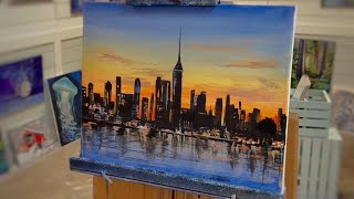 How to paint a Cityscape amp Sunset Acrylic painting tutorial [upl. by Yelserp]