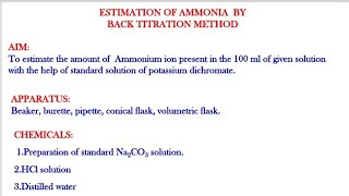 ESTIMATION OF AMMONIA BY BACK TITRATION METHODBACK TITRATION [upl. by Chelsea]