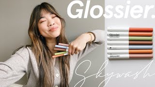 GLOSSIER SKYWASH REVIEW  DISCOUNT CODE All 7 shades swatched amp first impression [upl. by Nathanial336]