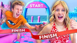 BROTHERS VS SISTER CHALLENGE Worlds largest inflatable WATERPARK [upl. by Marysa]