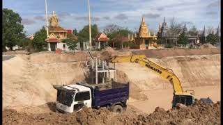 Excavator Dig the ground to make a big pond in the pagoda [upl. by Kcirdes]