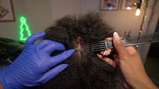 ASMR  Relaxing Scalp Treatment on Dry Afro Hair  🔎 Tingly Scalp Check Scratching  Trim [upl. by Anovad]