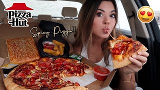 Pizza Hut Mukbang New Spicy Lovers Pizza Mozzarellas Sticks amp Breadsticks  Steph Pappas [upl. by Roberts]