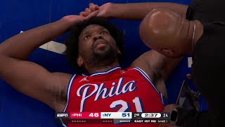 Joel Embiid shaken up after dunk vs Knicks  NBA on ESPN [upl. by Hillell]