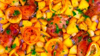 Roasted Lemon Chicken Thighs With Potatoes [upl. by Ahsinac]