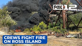 Ross Island fire fills Portland sky with smoke as crews use fireboats to reach flames [upl. by Aimek]