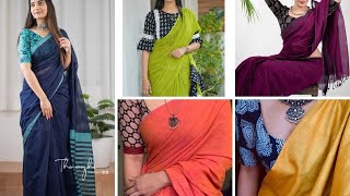 Plain cotton saree blouse designs Plain cotton saree with contrast blouse designs Simple sarees [upl. by Holladay]