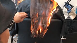 California Hair Stylist Sets Clients Hair on Fire to Get Rid of Split Ends [upl. by Adyht]