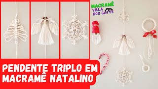 Como fazer macramê para o natal  Tutorial pendente triplo de macramê natalino Passo a passo macramé [upl. by Nnaecarg385]