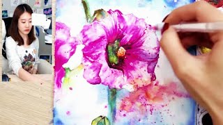 How to draw Korean RoseHibiscus syriacus Speed watercolor painting Demonstration [upl. by Ahsimit]