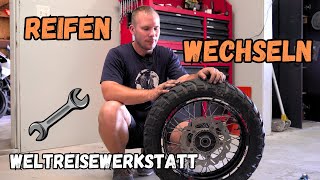 Motorradreifen per Hand wechseln  Tutorial Reifenwechsel  Weltreisewerkstatt [upl. by Adnawuj35]