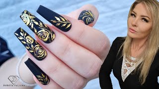 Black and gold elegant nails with 3d transfer foil November nails design [upl. by Eixam836]