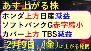 あす上がる株 2024年２月９日（金）に上がる銘柄 ～最新の日本株での株式投資。初心者でも。 ホンダ、ルネサス、日産、ソフトバンクグループ、ニトリ、カバー、NTTの決算速報 ～ [upl. by Seton]