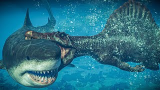 Megalodon quotHUNT amp FIGHTquot vs ALL Marine reptiles  Spinosaurus  JWE 2 Park Managers Collection Pack [upl. by Nwahsav]