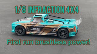 Arrma Infraction 4x4 mega 18 brushless castle creations copperhead 10 3 s lipo [upl. by Ellehcrad456]