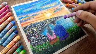 Romantic Cityscape Couple Drawing With Oil Pastels Oil Pastels Drawing STEP BY STEP 88 [upl. by Strep]