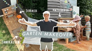 Garten Makeover  Terrasse Sandkasten amp Matschküche selber bauen  ebenerdige Verlegung der Dielen [upl. by Otrebile]