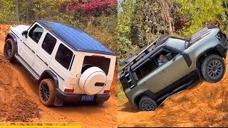 Mercedes G500 40L V8 vs Porsche Cayene 30L V6 vs Land Rover Defender 30L PK Offroad [upl. by Kir]