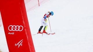 Shiffrin straddles gate in rare slalom DNF ending quotmaster classquot run at Kranjska Gora  NBC Sports [upl. by Yadsnil]