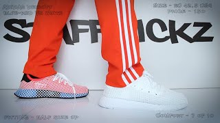 Adidas Deerupt Runner quotWhitequot vs RedBlue  ON FEET COMPARISON with ADIDAS TENNOJI PANTS [upl. by Thormora]