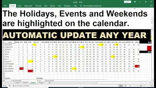 Highlight events weekends and holidays on calendar in Excel [upl. by Ivo80]