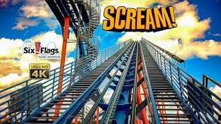 2024 Scream Floorless Roller Coaster On Ride Front Row 4K POV Six Flags Magic Mountain [upl. by Laup]