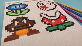 PIXEL ART  Comment dessiner LE MONDE DE MARIO BROS  How to draw Mario world [upl. by Popelka206]