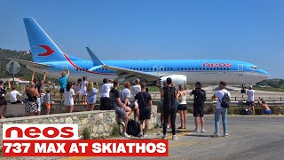 Neos Boeing 737 MAX 8 Low Landing amp Takeoff Jetblast at Skiathos  Airport Beach Plane Spotting 4K [upl. by Adnohr]