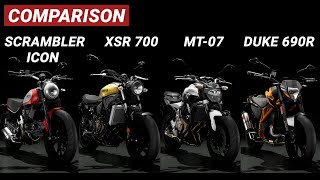 RIDE 3 Ducati Scrambler Icon vs Yamaha XSR 700 vs Yamaha MT 07 vs KTM DUKE 690R [upl. by Annwahsal]