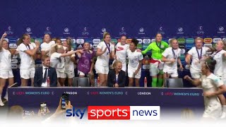 quotIts coming homequot  Sarina Wiegmans press conference gatecrashed by singing England players [upl. by Swann542]