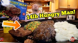 Largest Hungry Man Ever  ManVFood  TV Dinner  14lbs [upl. by Onia198]