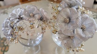 Unique bridal headband with silver ribbon flowerspearls and crystal [upl. by Ayekahs]