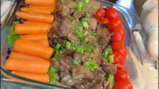 Juicy amp crispy baked thin slices beef enjoy with spring mix baby carrots and grape tomatoes [upl. by Leamhsi]